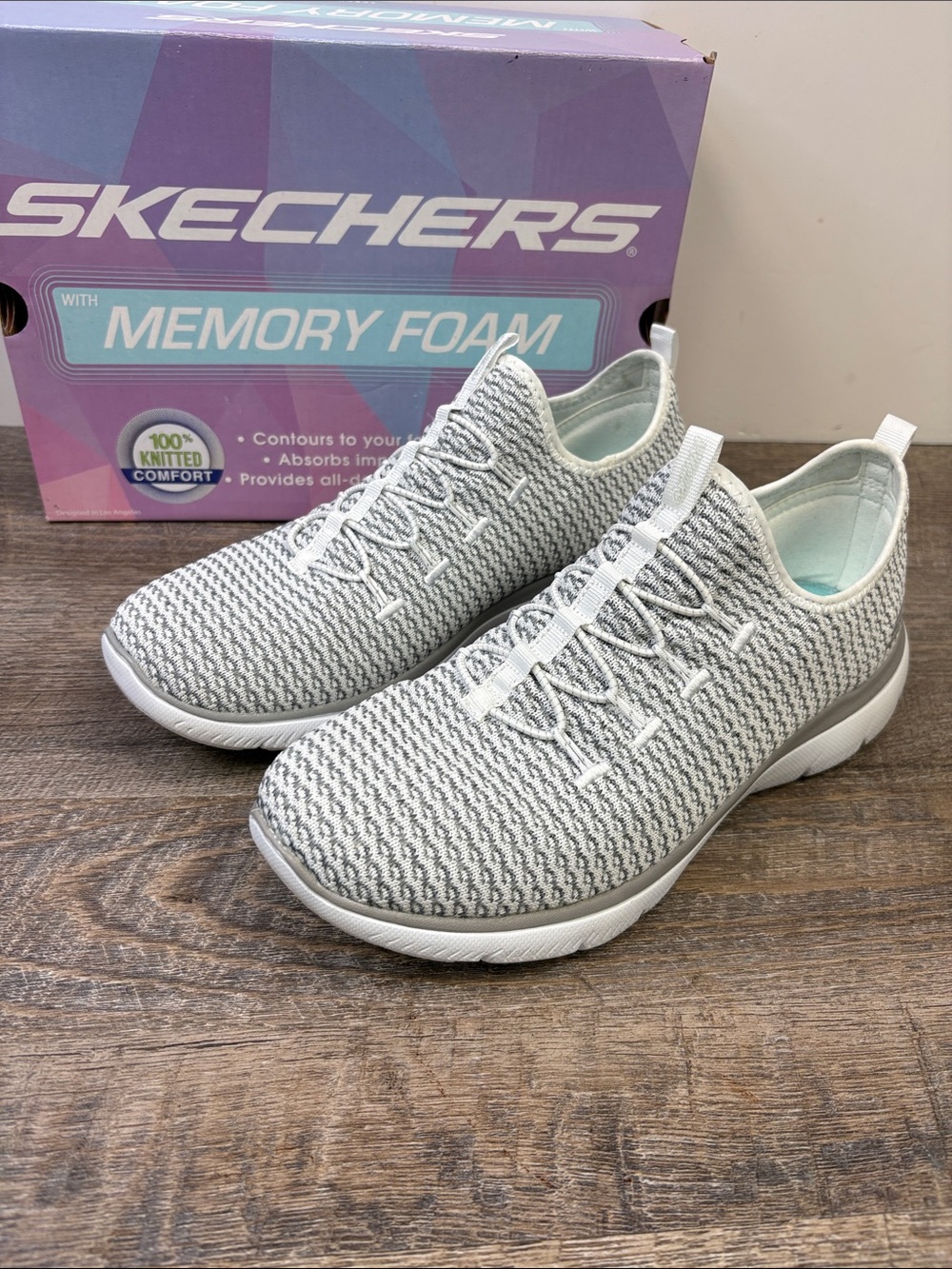 Skechers Summits Tell Me Gray White Knit Slip On Sneakers Memory Foam Women’s 10